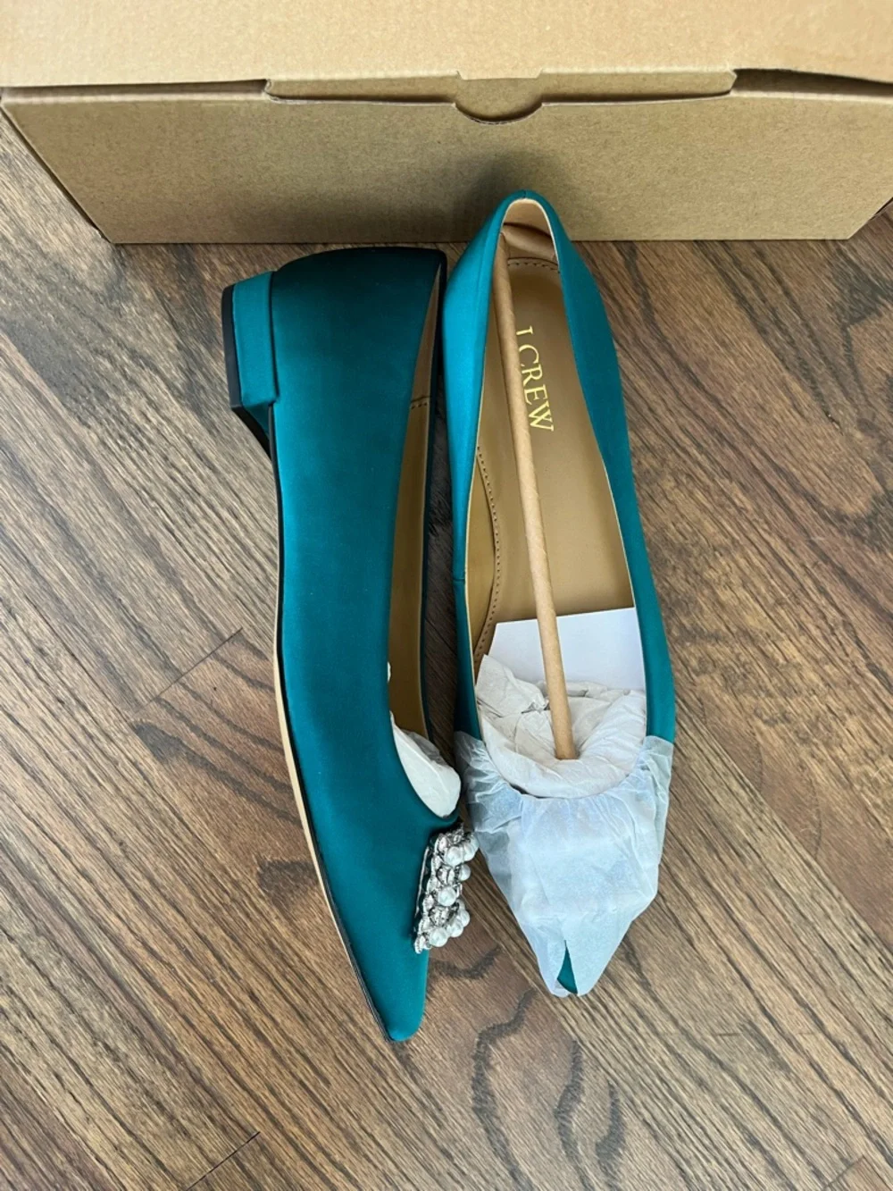J. Crew Teal Satin Pointed Flats with Pearl-Embellished Buckle